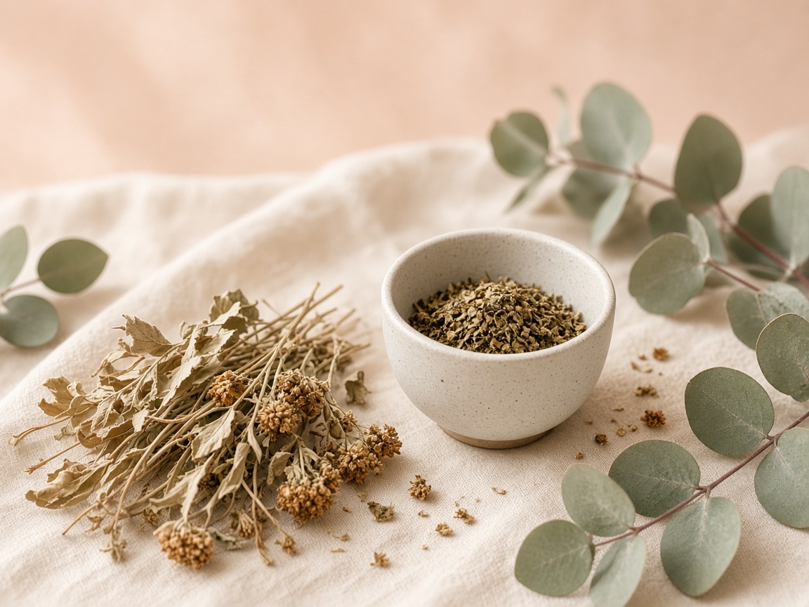 Dried herbs, eucalyptus, and a ceramic cup on cream linen